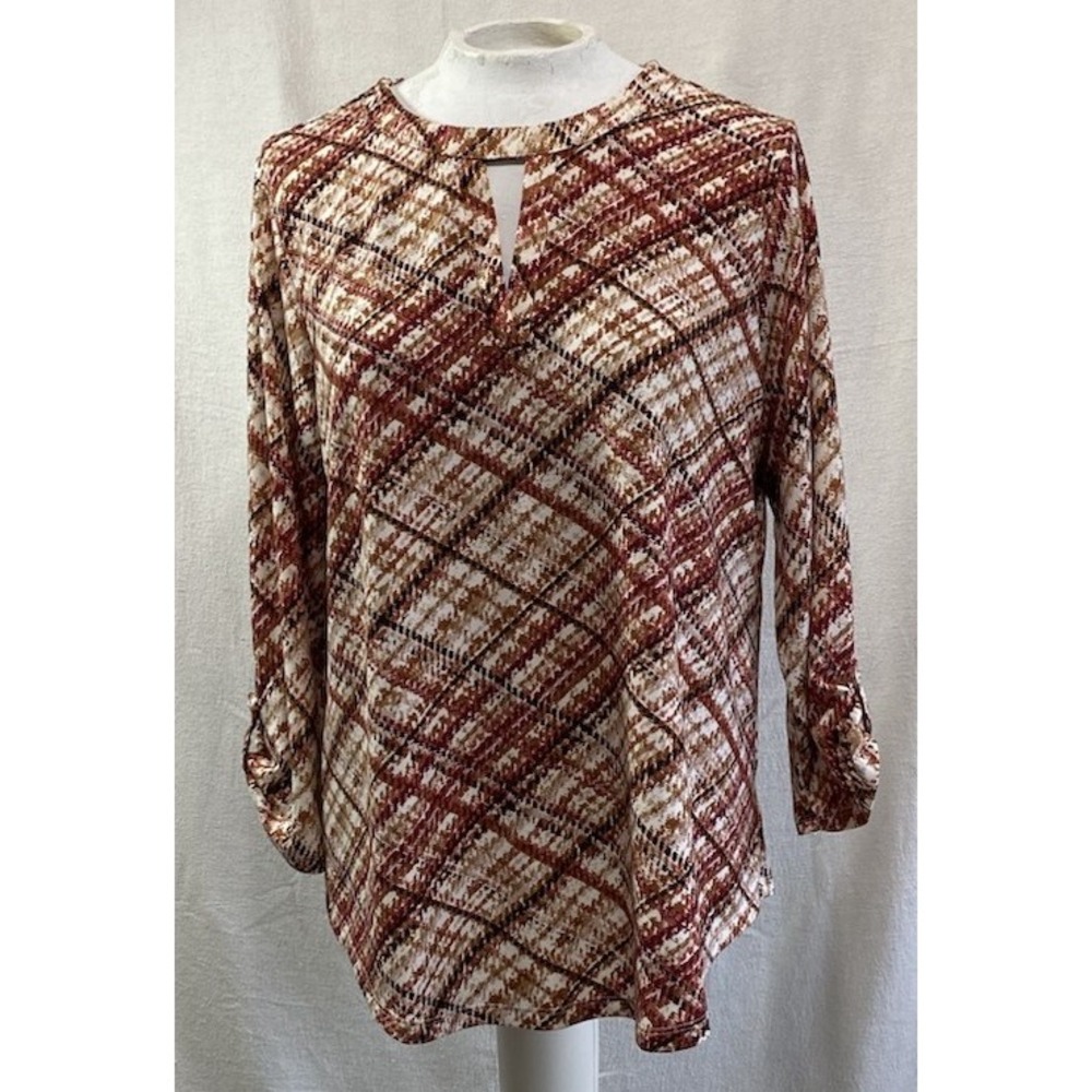 Cure Womens Blouse Large Plaid‎ Button Tab Sleeve Keyhole Neck Rayon Top Boho